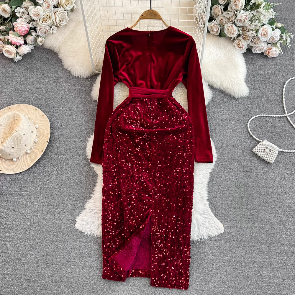 Long-sleeved V-neck waist slimming mid-length velvet spliced sequin dress