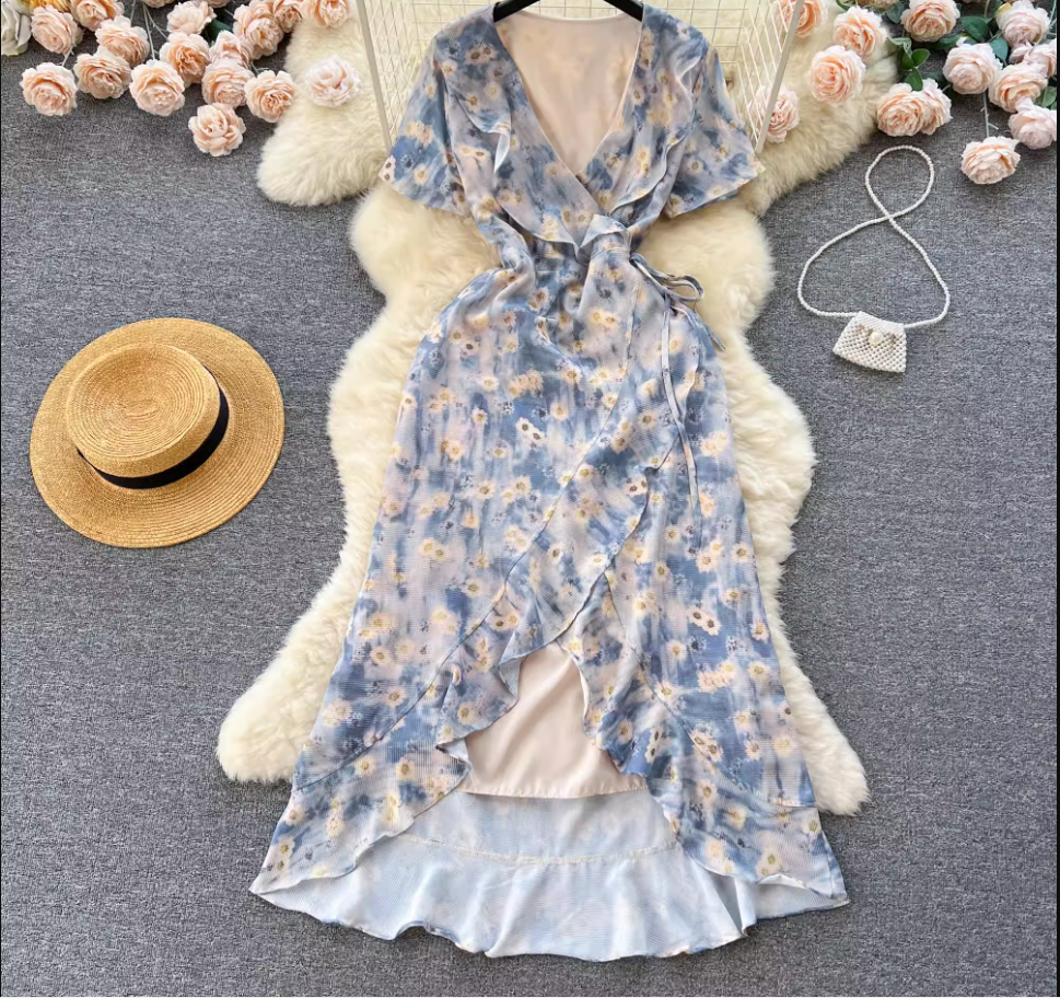 Women's Irregular Ruffled Floral Chiffon Dress ,