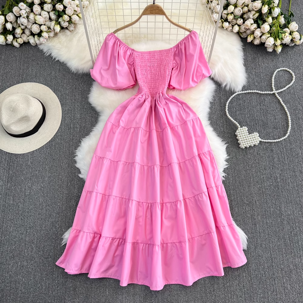 Bubble Short Sleeve Square Neck A-Line Dress Seaside Holiday Swing Long Dress ,