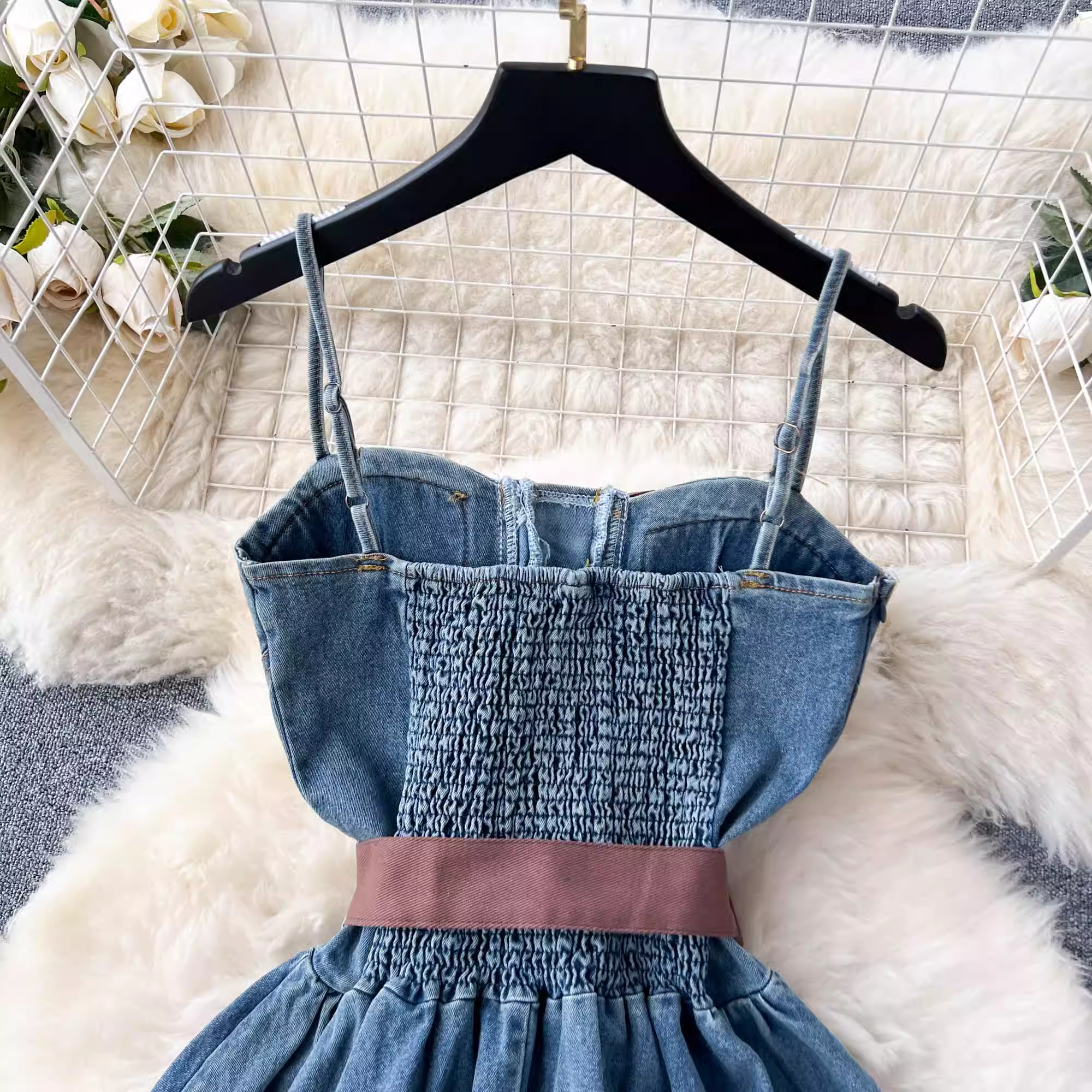 Retro Temperament Bandage Design Denim Dress ,