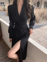 women's black v-neck long dress