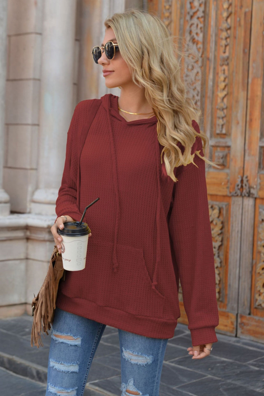 Hooded Pocket Solid Color Sweater