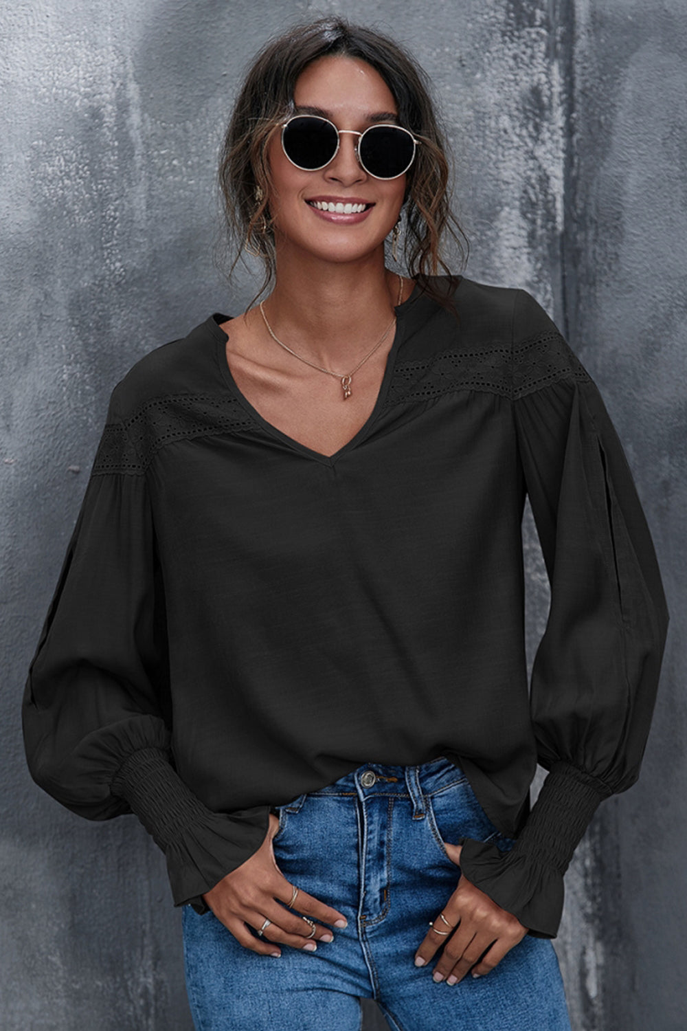 Lantern Sleeves V-neck Hollow Slit Blouse