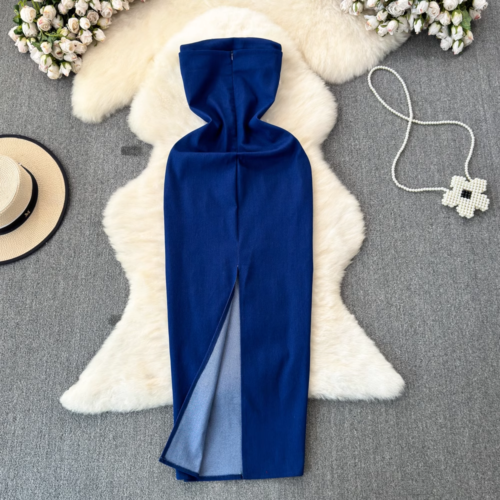 Summer fashionable strapless mid-length slit denim dress