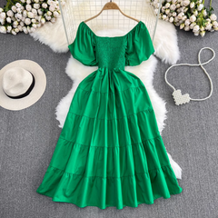 Bubble Short Sleeve Square Neck A-Line Dress Seaside Holiday Swing Long Dress ,