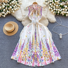 Printed holiday dress sweet bow collar sleeveless dress for women