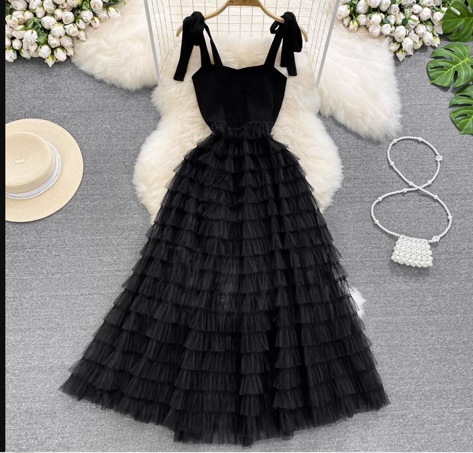 A-line Black Tulle Summer Dress ,