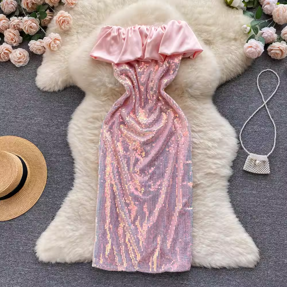 Pink Ruffle Neckline Sequins Dress  ,