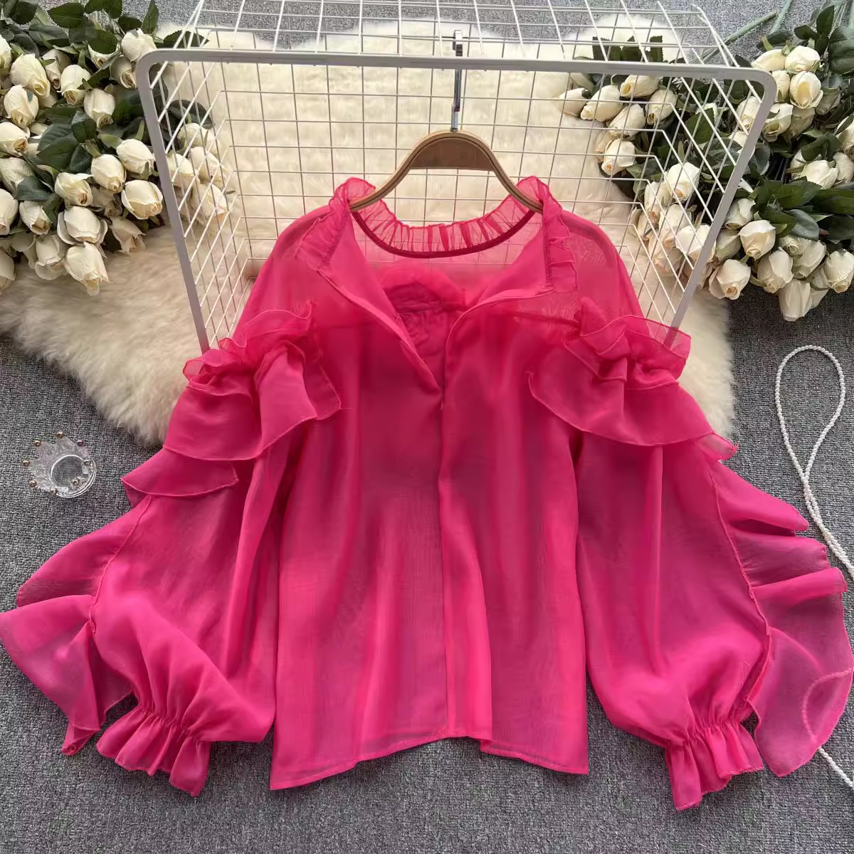 women's irregular ruffled mesh blouses ,