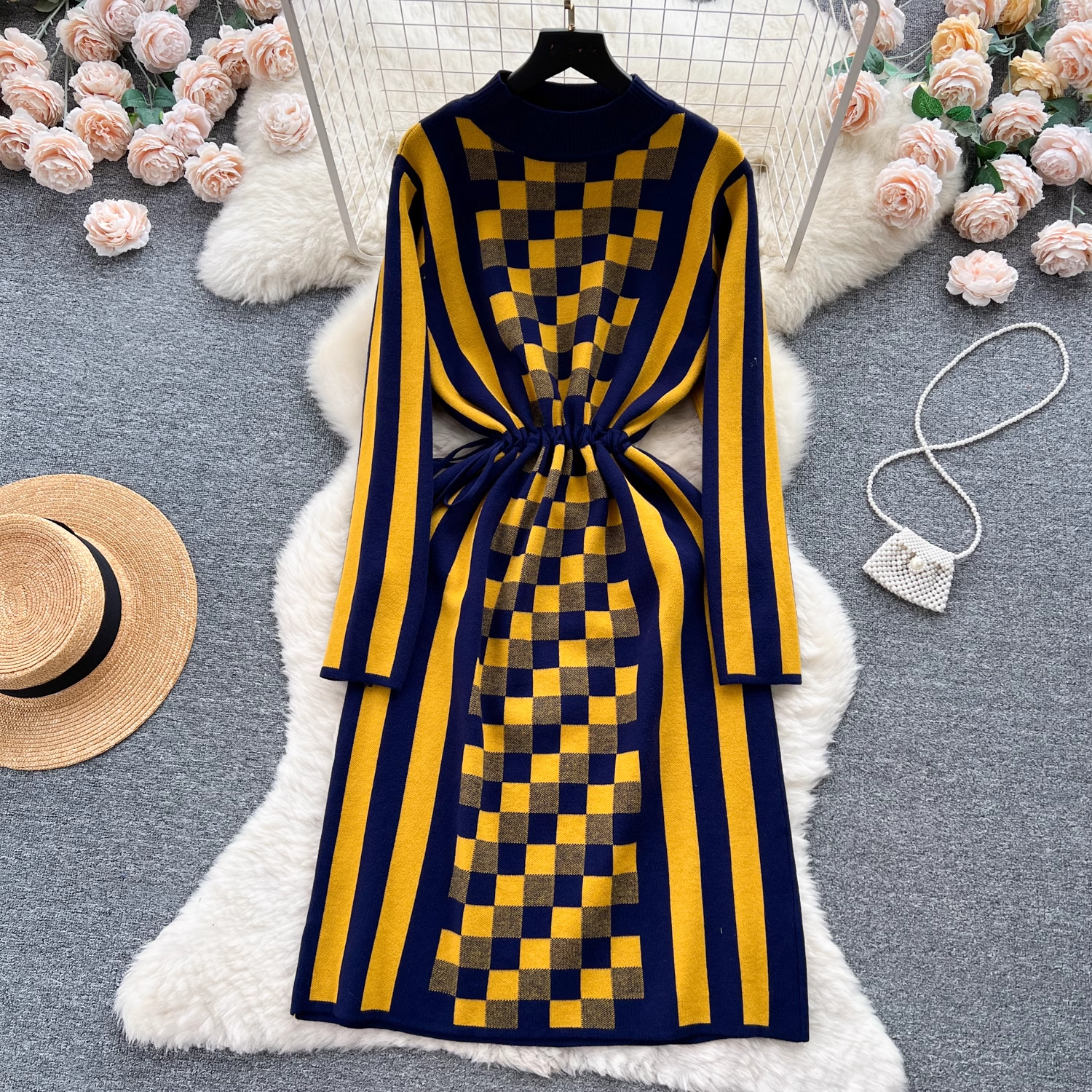 women's design color-blocked checkerboard drawstring waist long-sleeved knitted dress for women