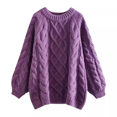 Purple cable sweater 2023 women's autumn and winter retro loose outerwear