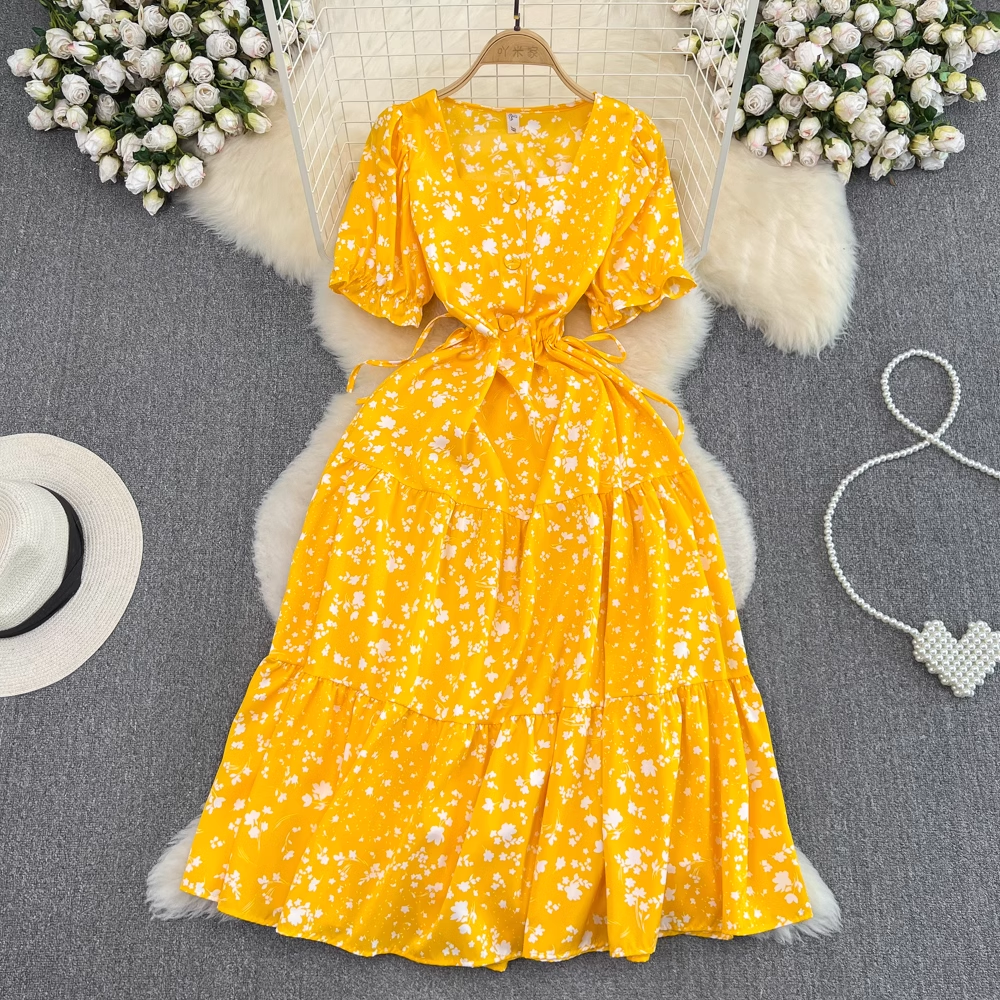 Square collar puff sleeve summer fluffy princess dress,