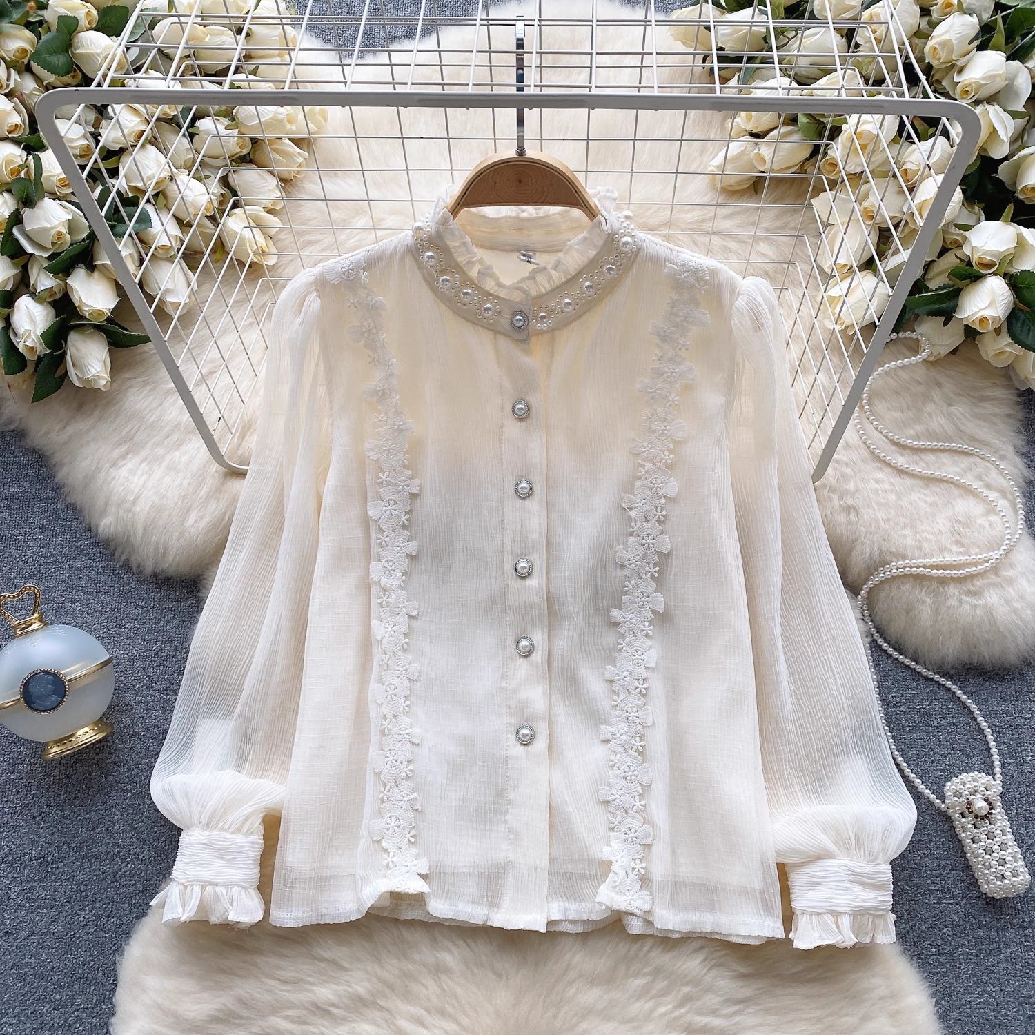 Retro palace style long-sleeve shirt for women autumn lace blouses