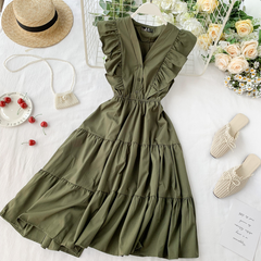 Vintage V-neck ruffled sleeveless Summer Dress,