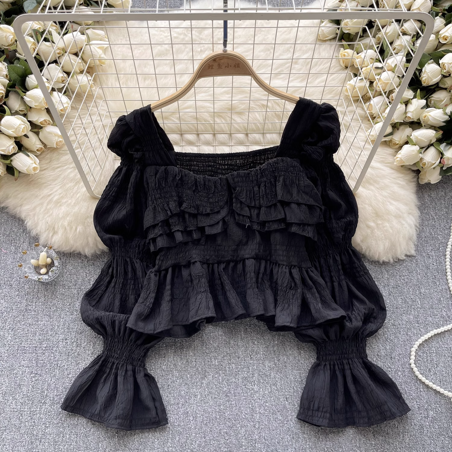 women's autumn ruffled square collar puff sleeve blouses