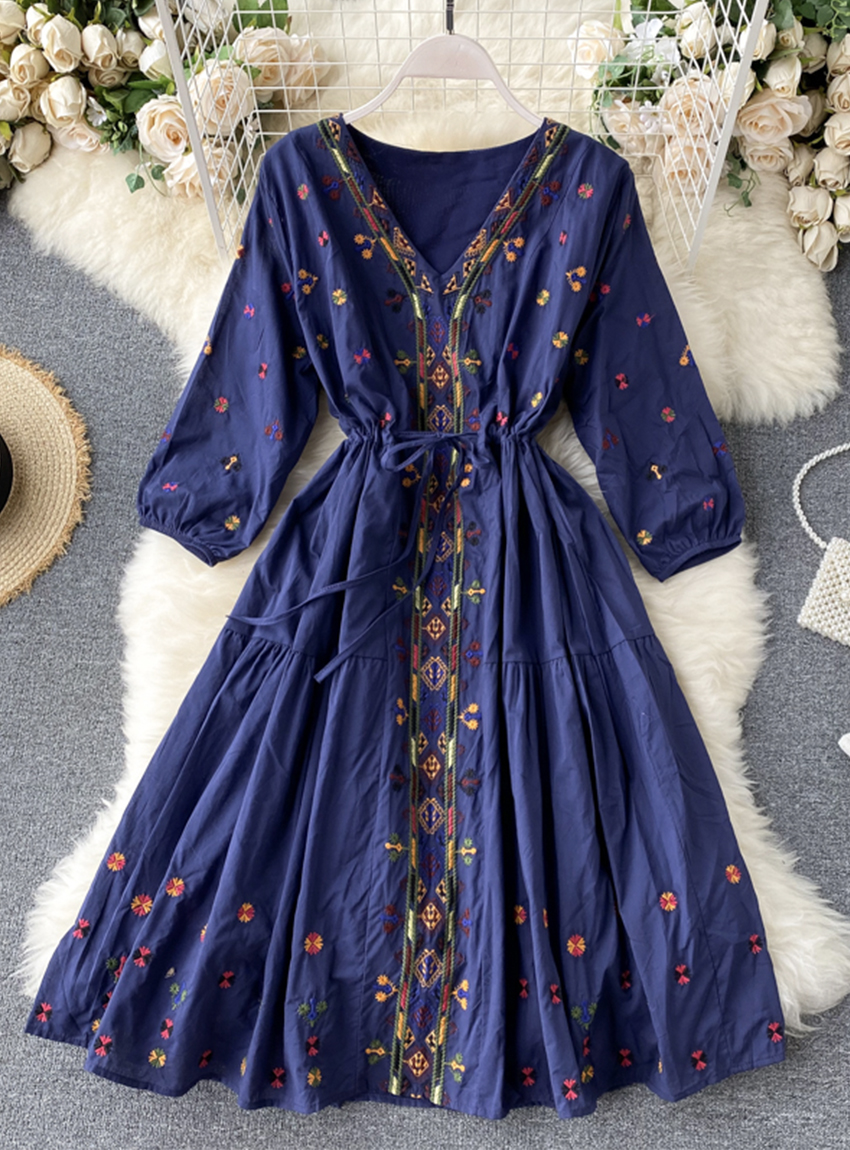 A Line V Neck Embroidery Long Sleeve Dress YM442 Cbano A Line V Neck Embroidery Long Sleeve Dress YM442 Cbano
