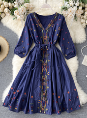 A Line V Neck Embroidery Long Sleeve Dress