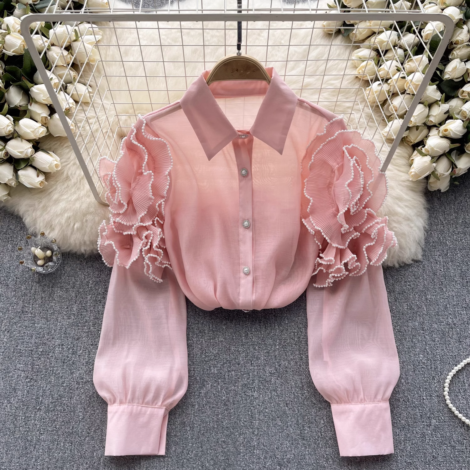 women's summer three-dimensional flower long sleeve mesh blouses