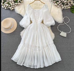 Retro palace-style lantern long-sleeved V-neck waist slimming A-line white dress elegant long skirt