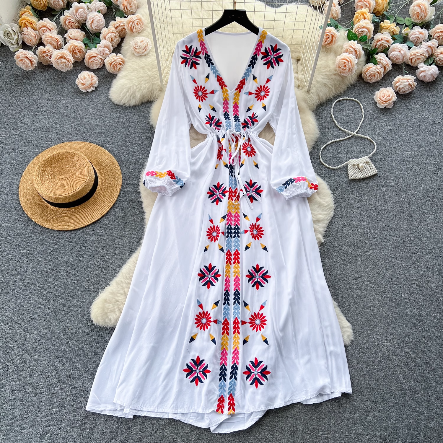 Embroidered V-neck drawstring waist dress for women retro ethnic style holiday dress