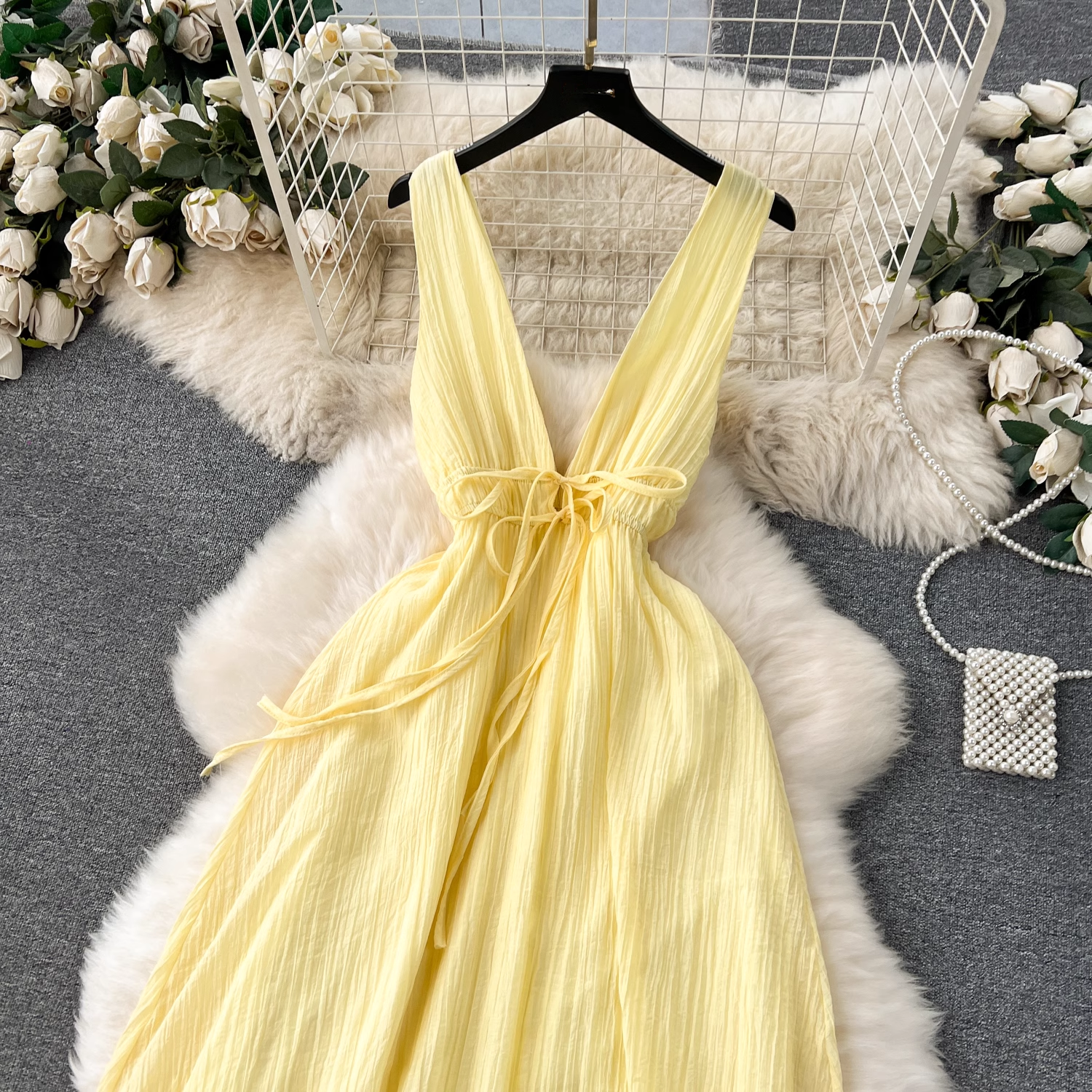 Sexy deep V-neck long sleeveless dress for women