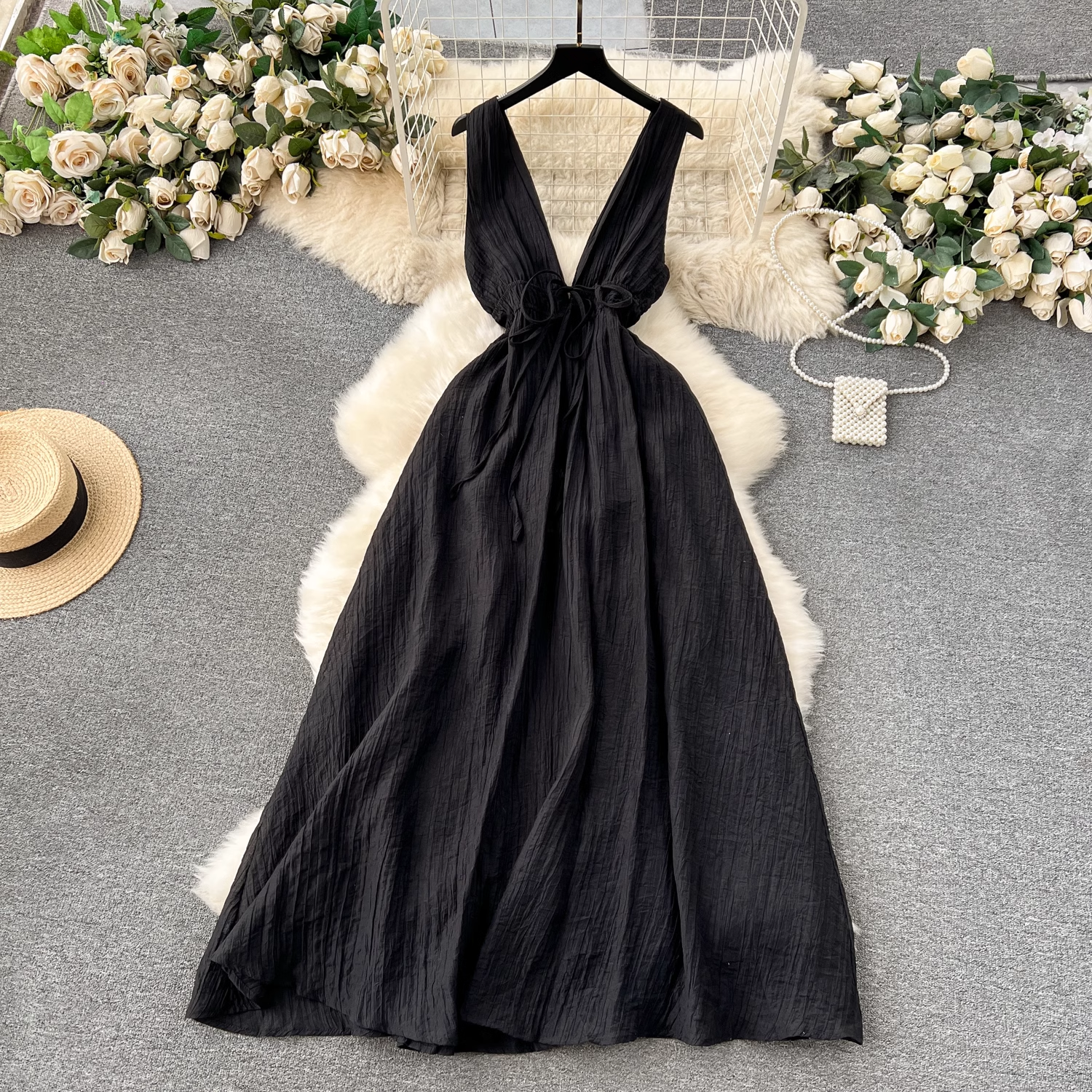 Sexy deep V-neck long sleeveless dress for women