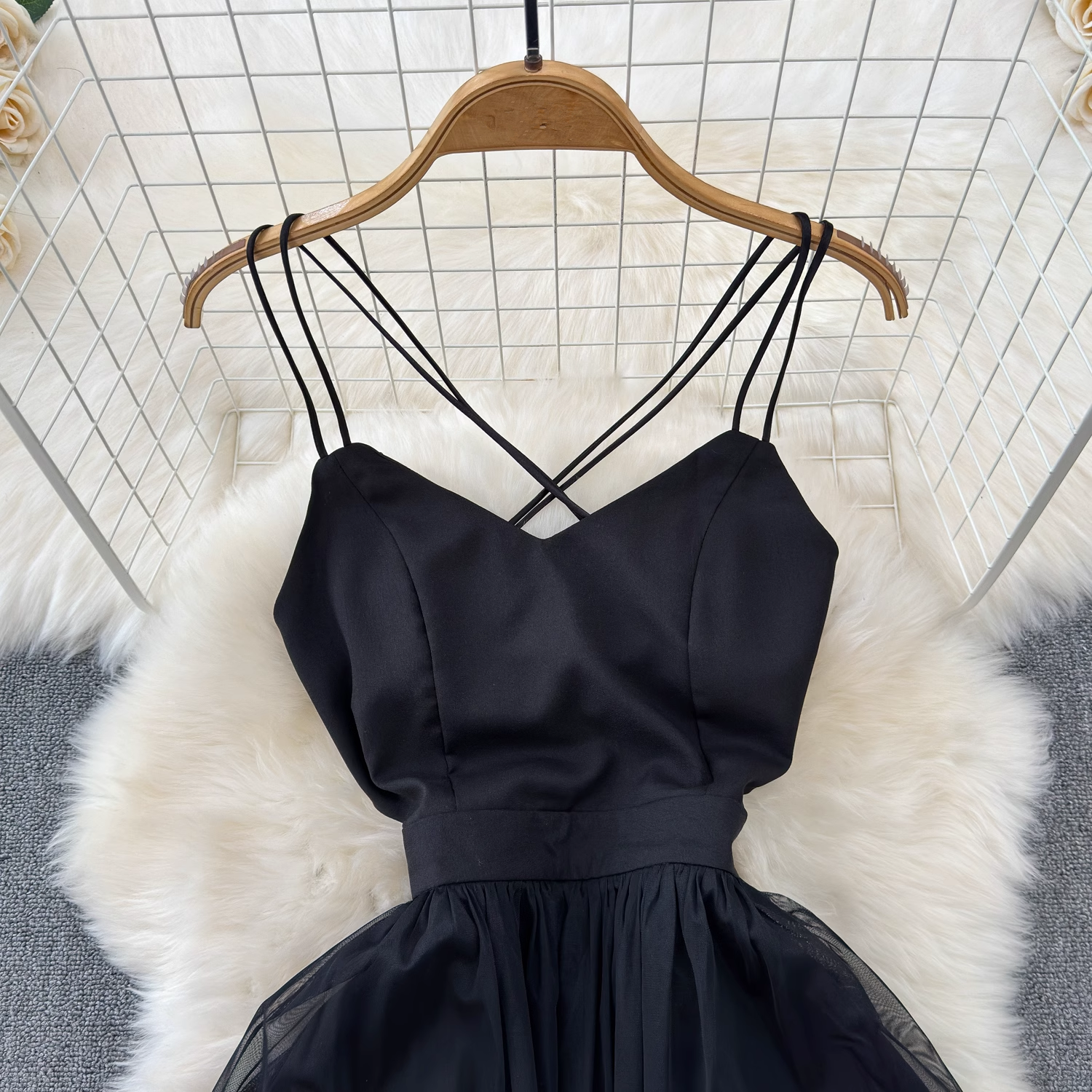 Black A-line V Neck Tulle Dress