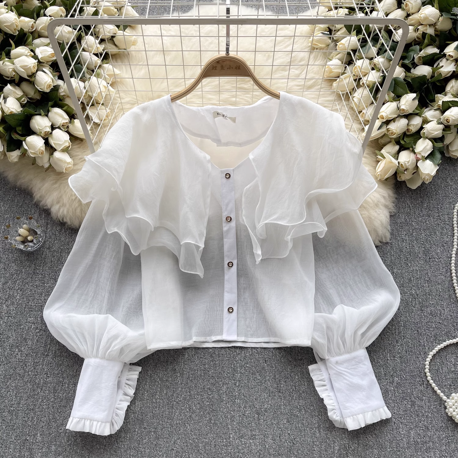 Women's autumn ruffled mesh shirt with lantern sleeves blouses