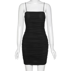 Pleated sexy tight stretch mesh suspender dress