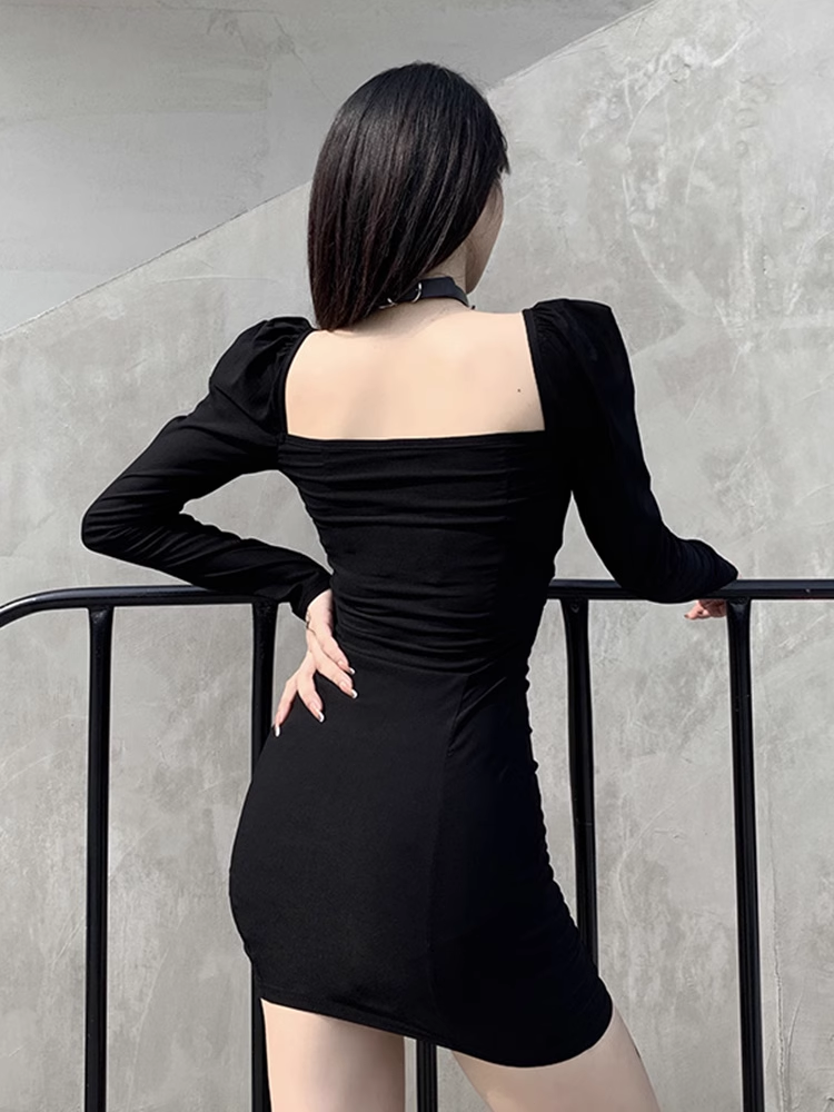 Women's square collar black slim dress