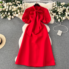 Vintage Bow Tie Puff Sleeve Dress