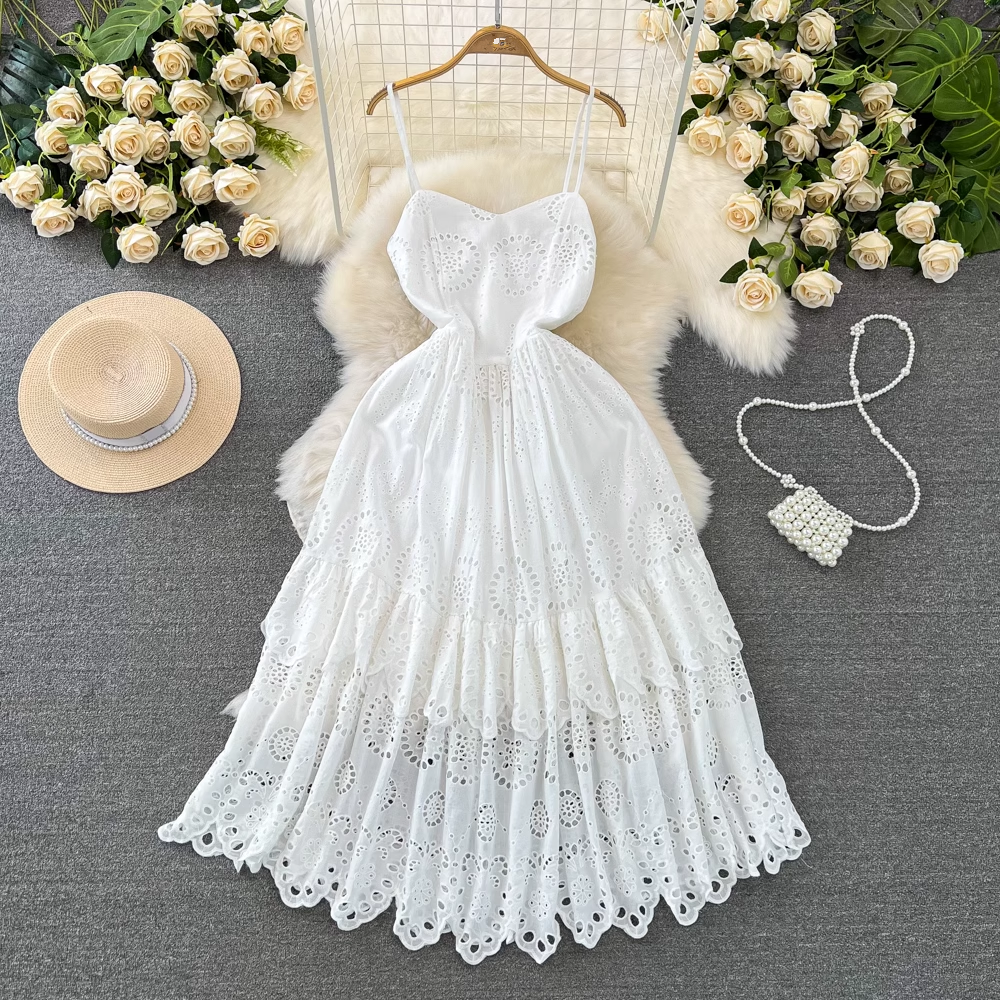 Mid-length a-line hollow white dress bohemian seaside vacation beach dress