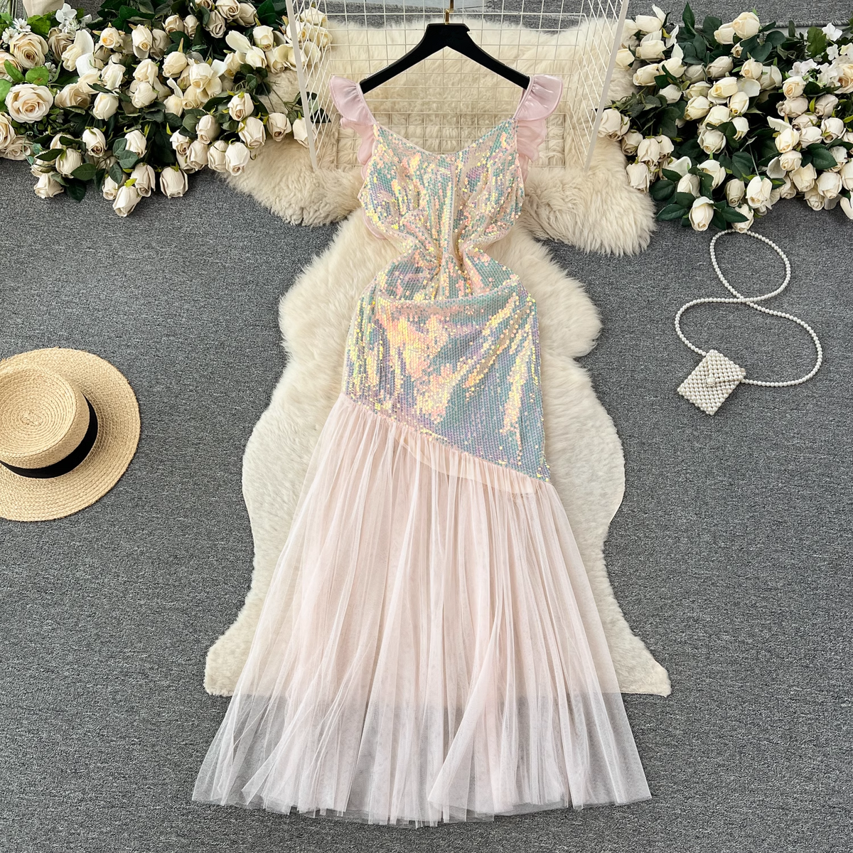 Mesh patchwork sequin dress