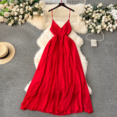 Red V-neck suspender chiffon long dress