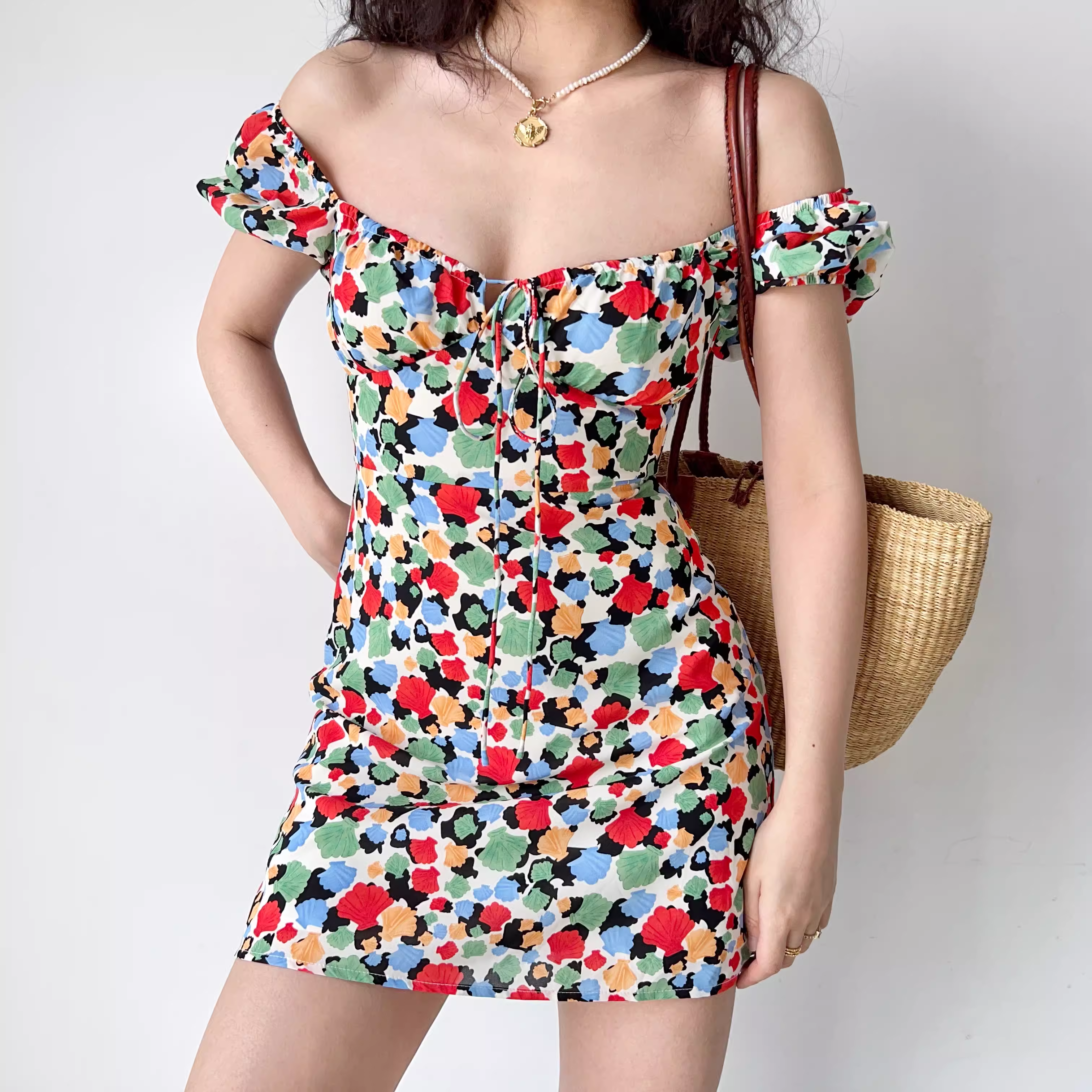 Printed tie square neck bubble dress