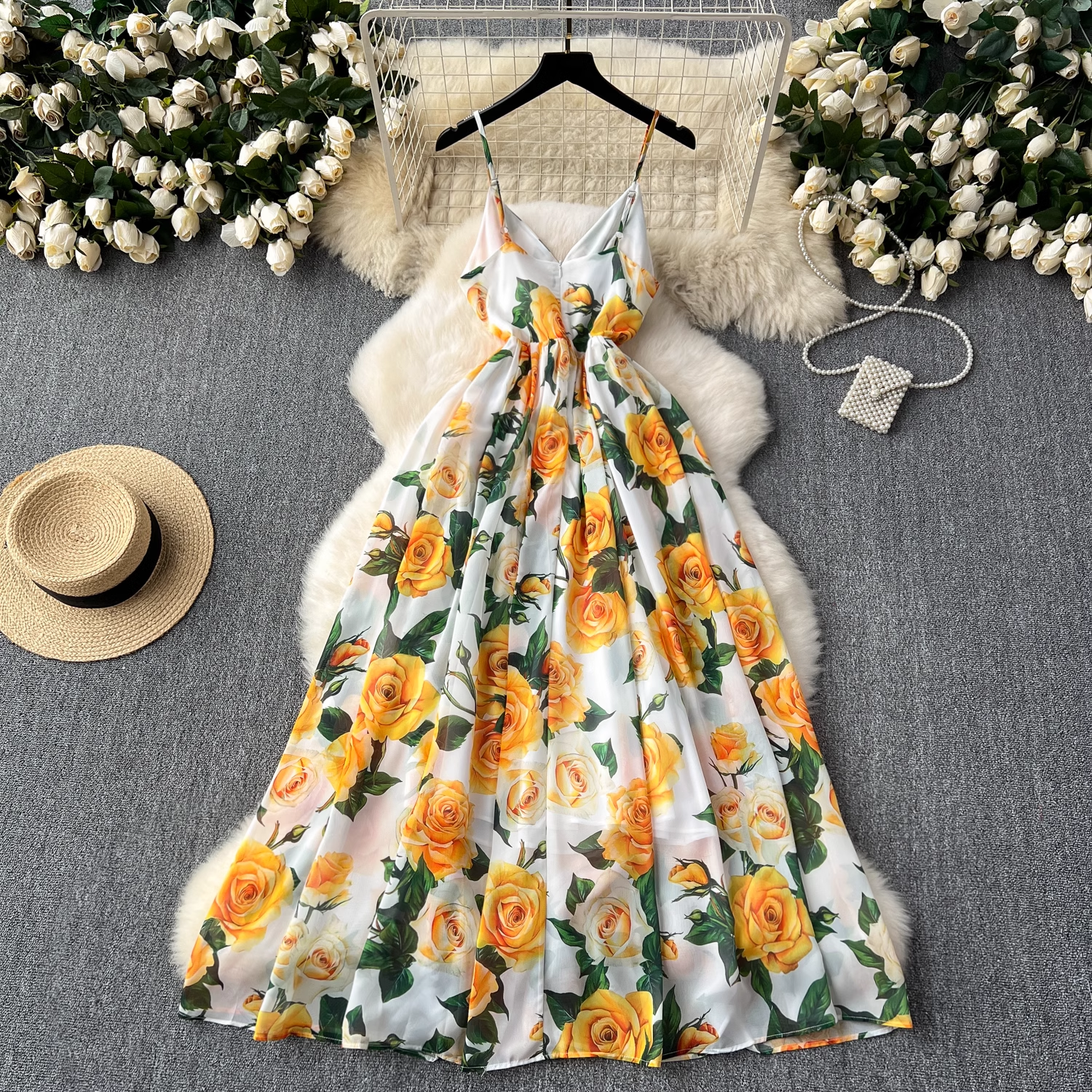 Summer new style French retro elegant printed suspender long dress