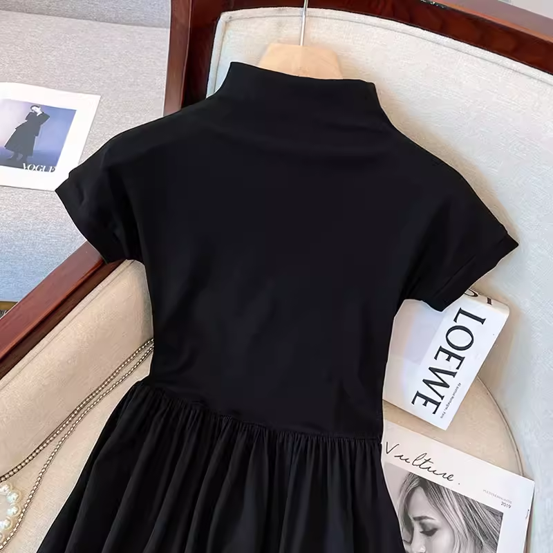 little black dress half turtleneck A-line skirt for women summer