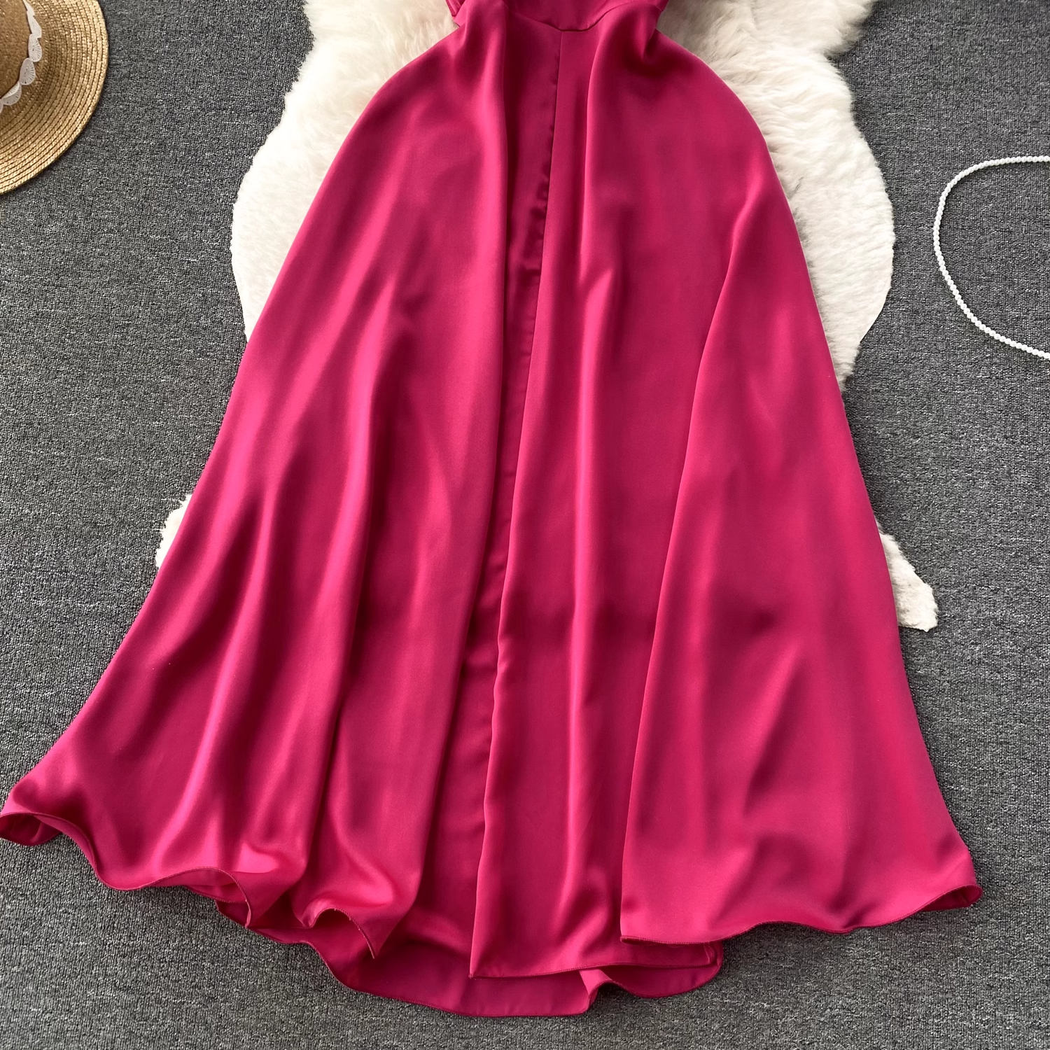 V-neck pleated waist hollow dress women summer dress ,