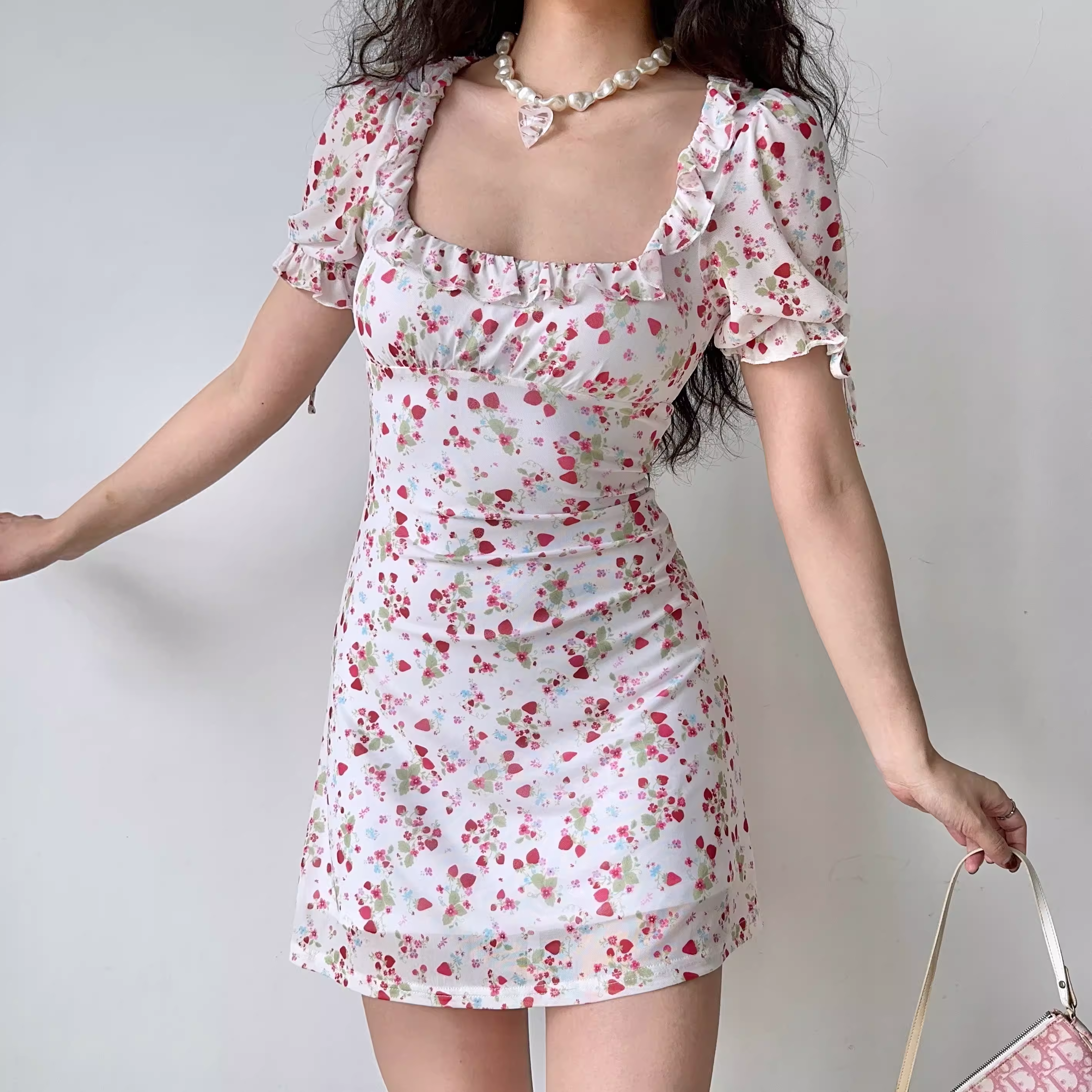 Retro Strawberry Floral Square Neck Short Sleeve Dress