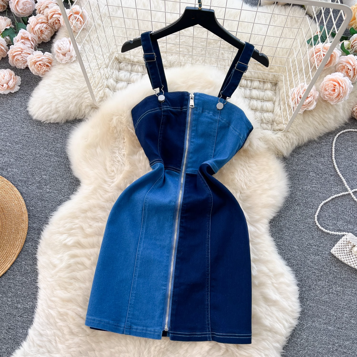 women's summer retro contrast color denim suspender dress