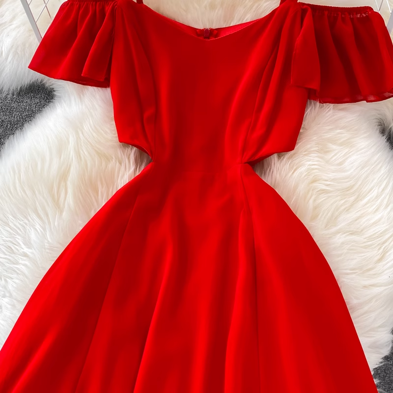 Red Chiffon Seaside Vacation Dress ,