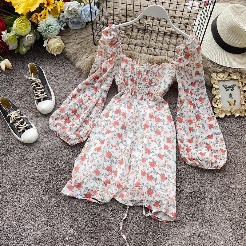 Square Neck Ruffle Drawstring Petite Floral Chiffon Dress,