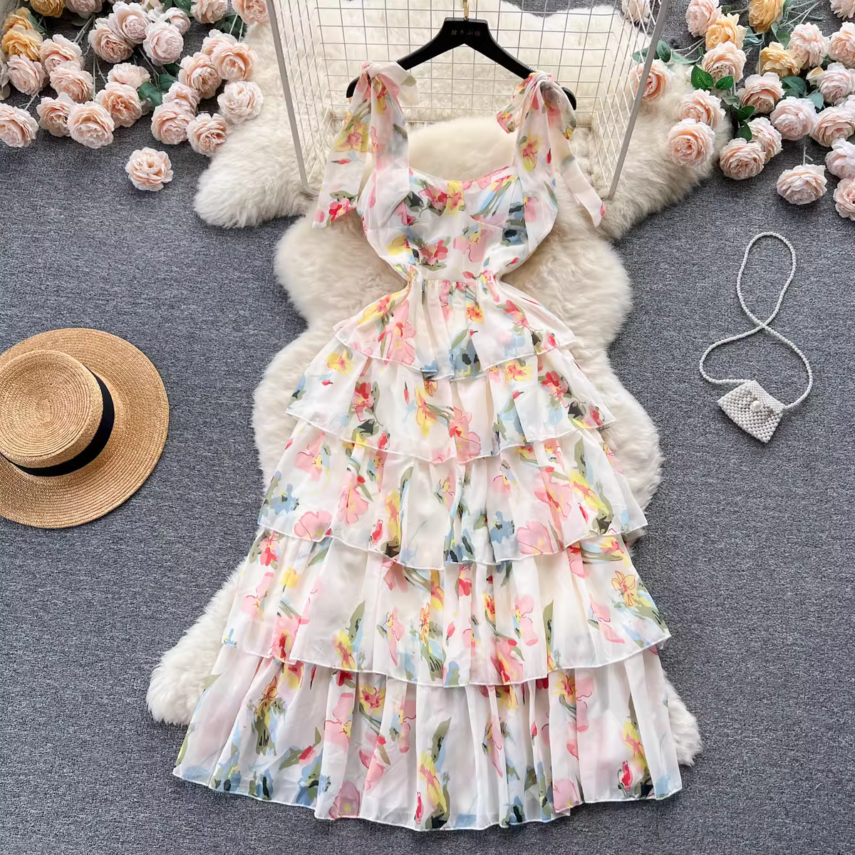 Women's suspender floral dress summer chiffon dress