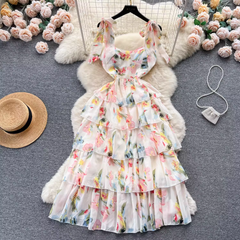 Women's suspender floral dress summer chiffon dress