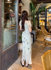 Women's summer retro butterfly print puff sleeve dress