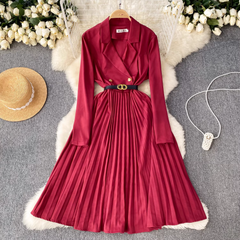 women's suit collar dress high waist pleated dress