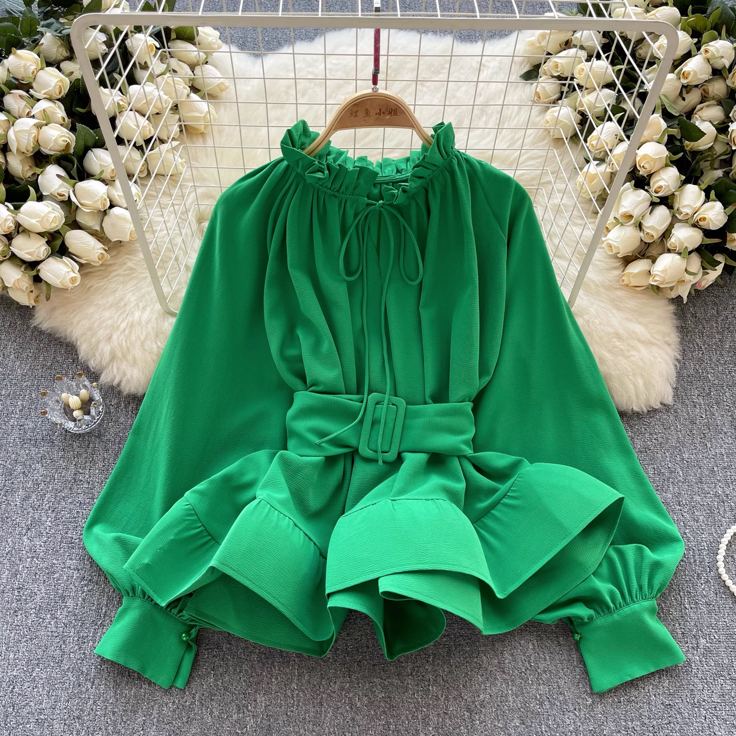 Women's Retro Court Style Waist Belt Ruffle Hem Blouses