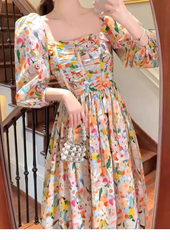 Retro Chic Floral Puff Sleeve Dress for Women Summer