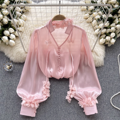 Women's mesh shirt autumn ribbon long sleeve blouses