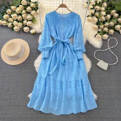 Women's long-sleeved round neck a-line embroidered hollow dress